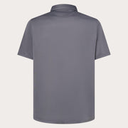 Men's dark gray polo shirt, back view with short sleeves and collar