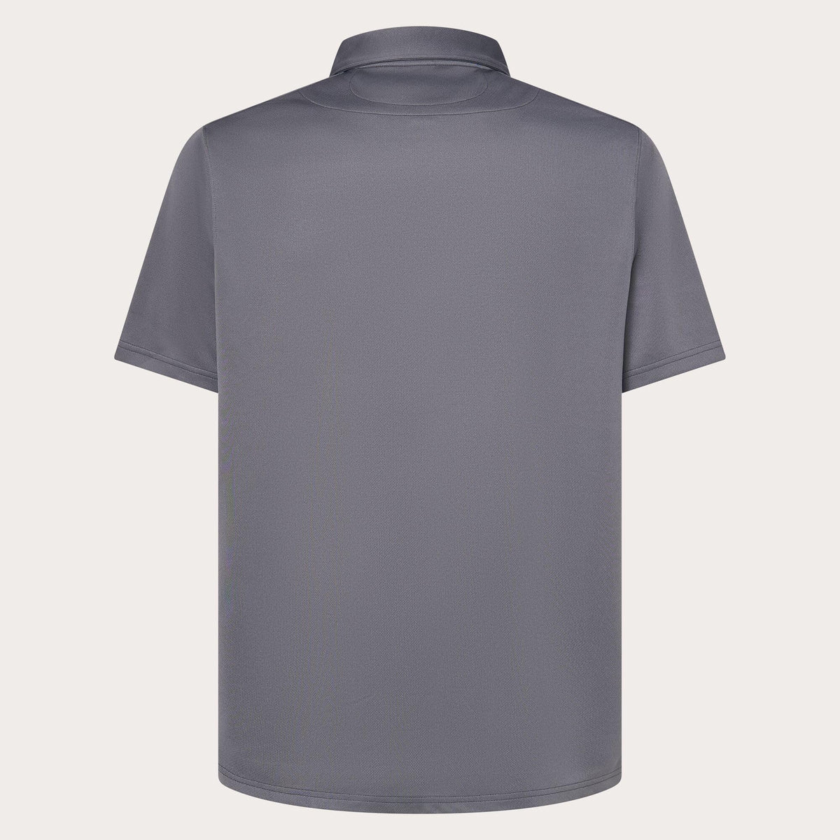 Men's dark gray polo shirt, back view with short sleeves and collar