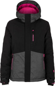Girls' black snow jacket with gray panels, hood, and front zipper