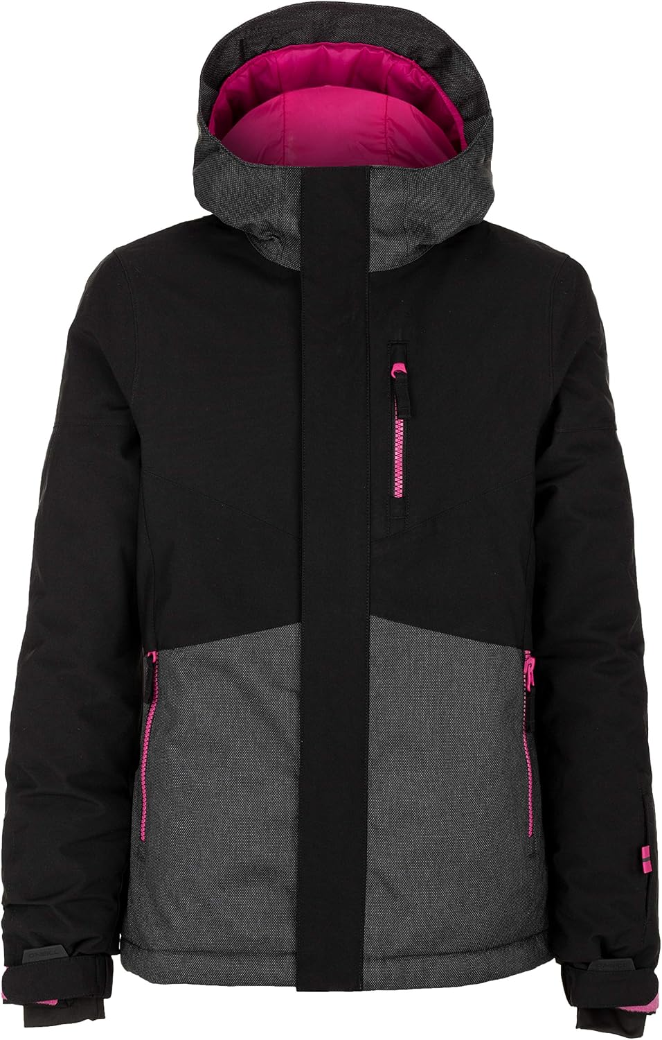 Girls' black snow jacket with gray panels, hood, and front zipper