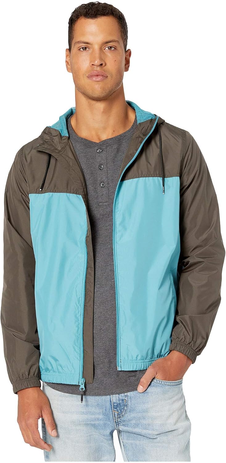 Men's two-tone windbreaker jacket, turquoise and dark gray, front zip and stand collar