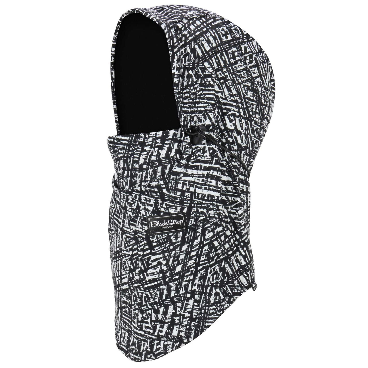 Printed balaclava hood with black face opening, black-and-white abstract pattern