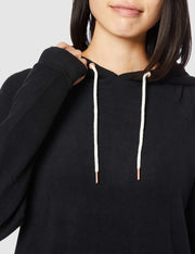 Black hooded fleece sweatshirt with white drawstring ties at the neckline