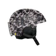 Black and white floral snow helmet with chin strap and side safety vent.