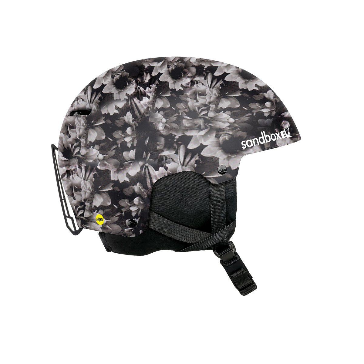 Black and white floral snow helmet with chin strap and side safety vent.