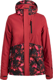 Girls' coral snow jacket with hood, front zipper, and floral panel print