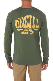 Men's dark olive long-sleeve tee with large O'NEILL Surf Co back graphic