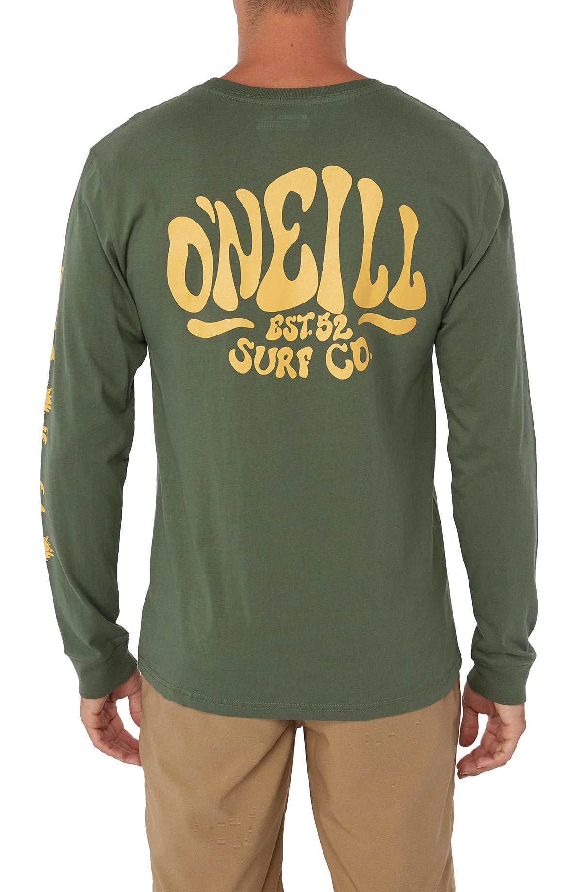 Men's dark olive long-sleeve tee with large O'NEILL Surf Co back graphic