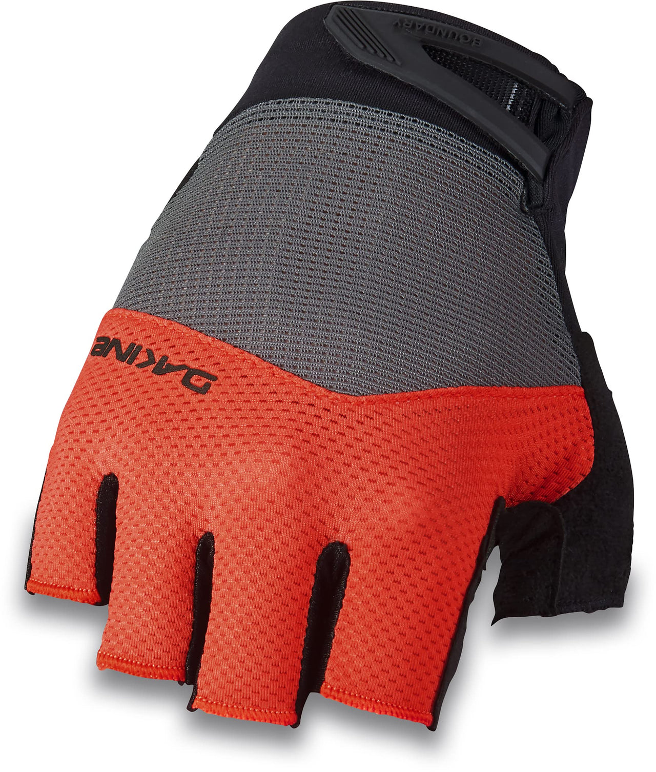 Two-tone half-finger cycling gloves with gray mesh back, orange padding, and black cuff