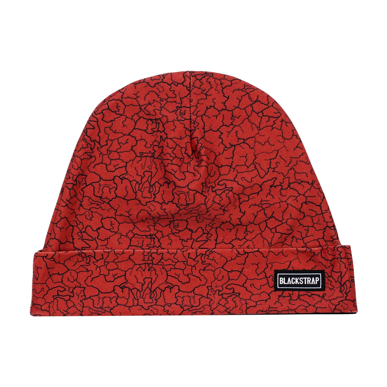 Red crackle-pattern beanie hat with BLACKSTRAP logo patch on side cuff