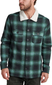 Men's sherpa-collar plaid jacket, dark green, button front, two chest pockets