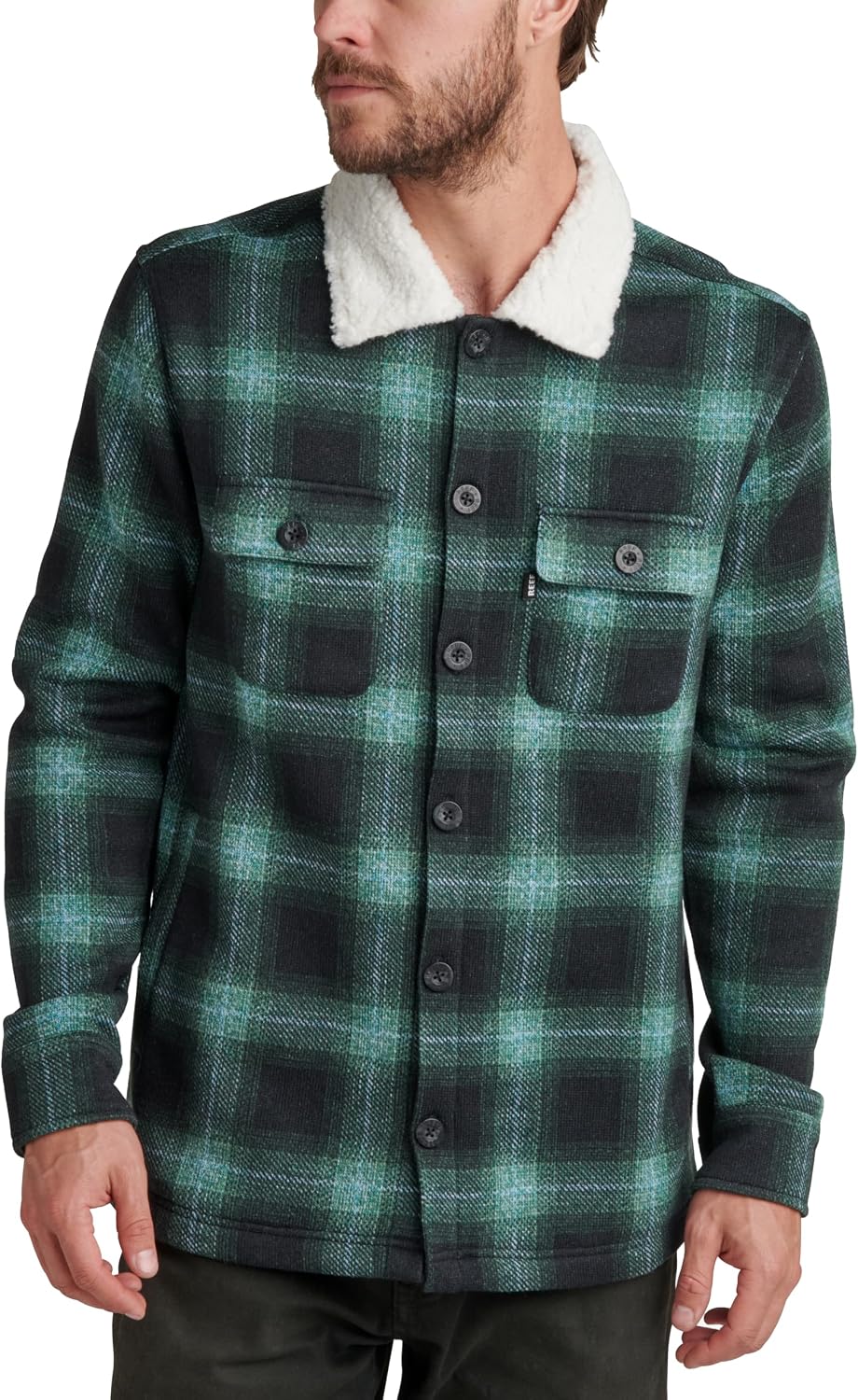 Men's sherpa-collar plaid jacket, dark green, button front, two chest pockets