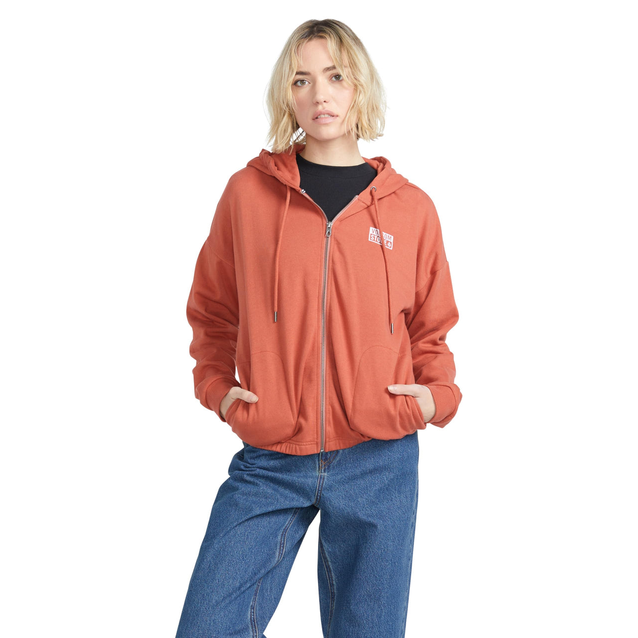 Women's rust zip fleece hoodie jacket with front pockets