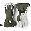 Olive Hestra leather ski gloves with white palm, wrist strap, and metal loop