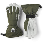 Olive and white Hestra leather ski gloves with wrist strap, stitched cuff, and ring