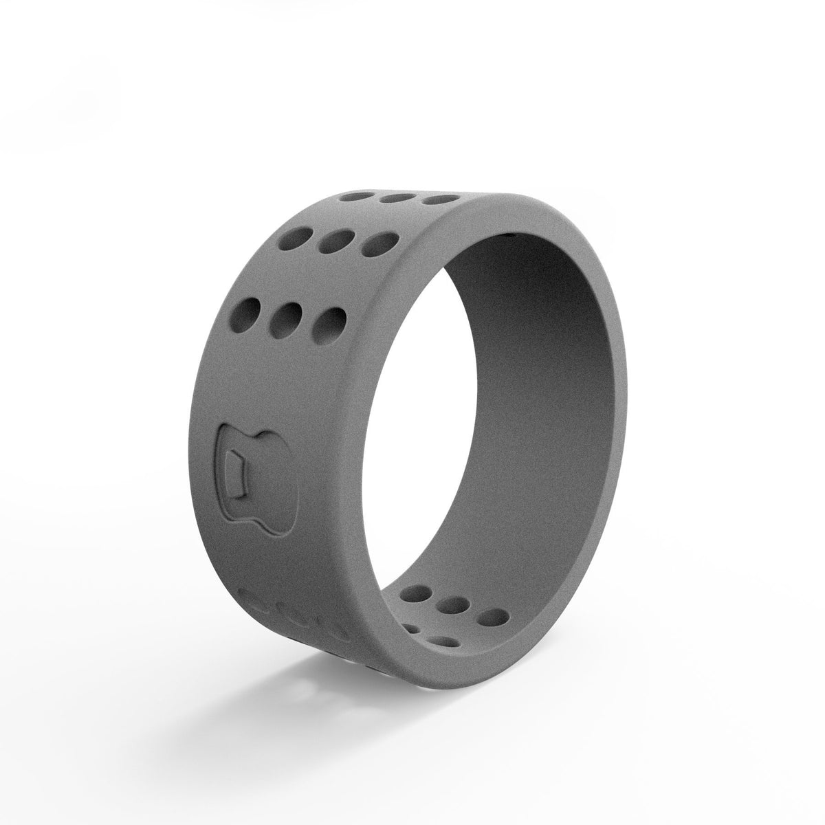 Men's silicone ring in gray, perforated oval holes and shield logo on side