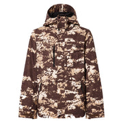 Men's insulated jacket with brown-and-tan camo print, full zip, hood, front pockets