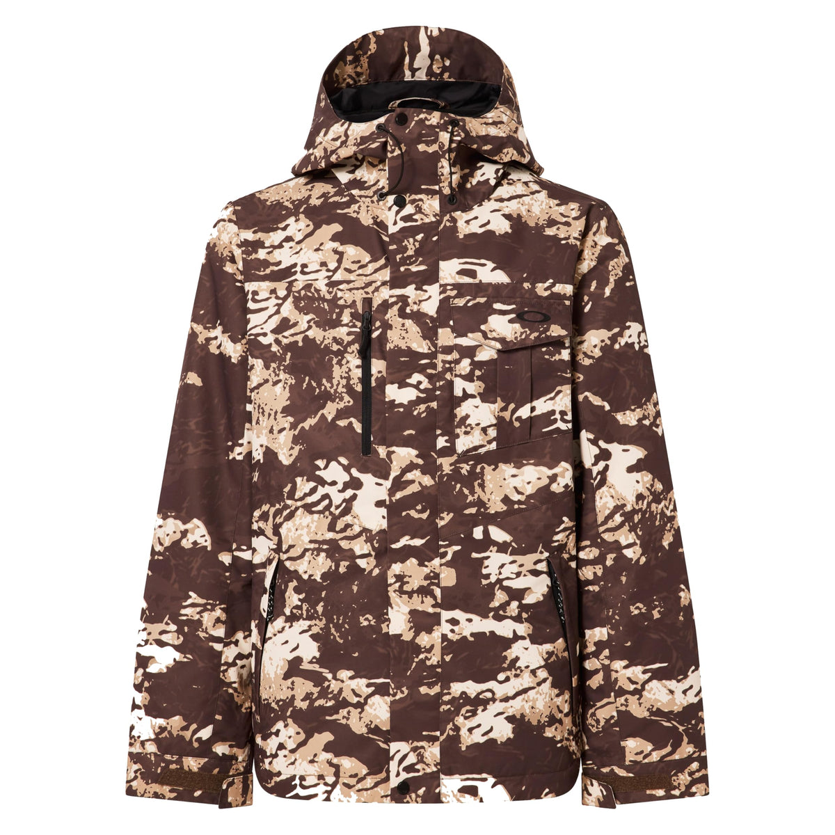 Men's insulated jacket with brown-and-tan camo print, full zip, hood, front pockets