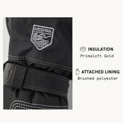 Black insulated baby long mitt with logo patch and wrist strap with hook-and-loop