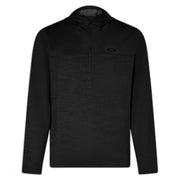 Men's black heather zip-up hoodie with adjustable hood and front zipper, small chest logo