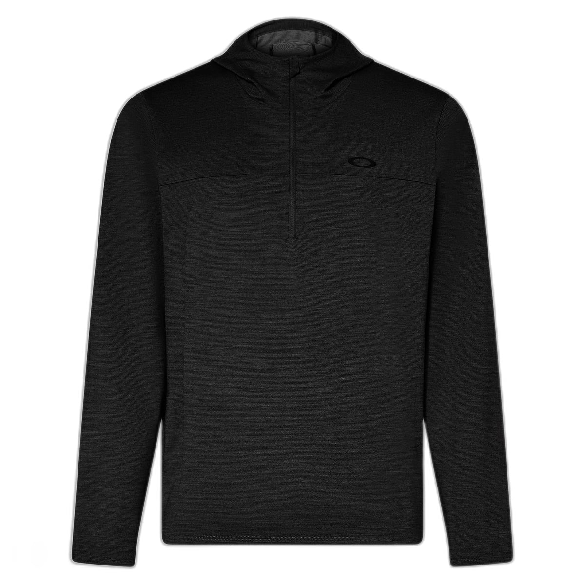 Men's black heather zip-up hoodie with adjustable hood and front zipper, small chest logo