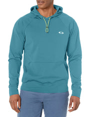 Men's teal hooded pullover with packable kangaroo pocket and yellow logo