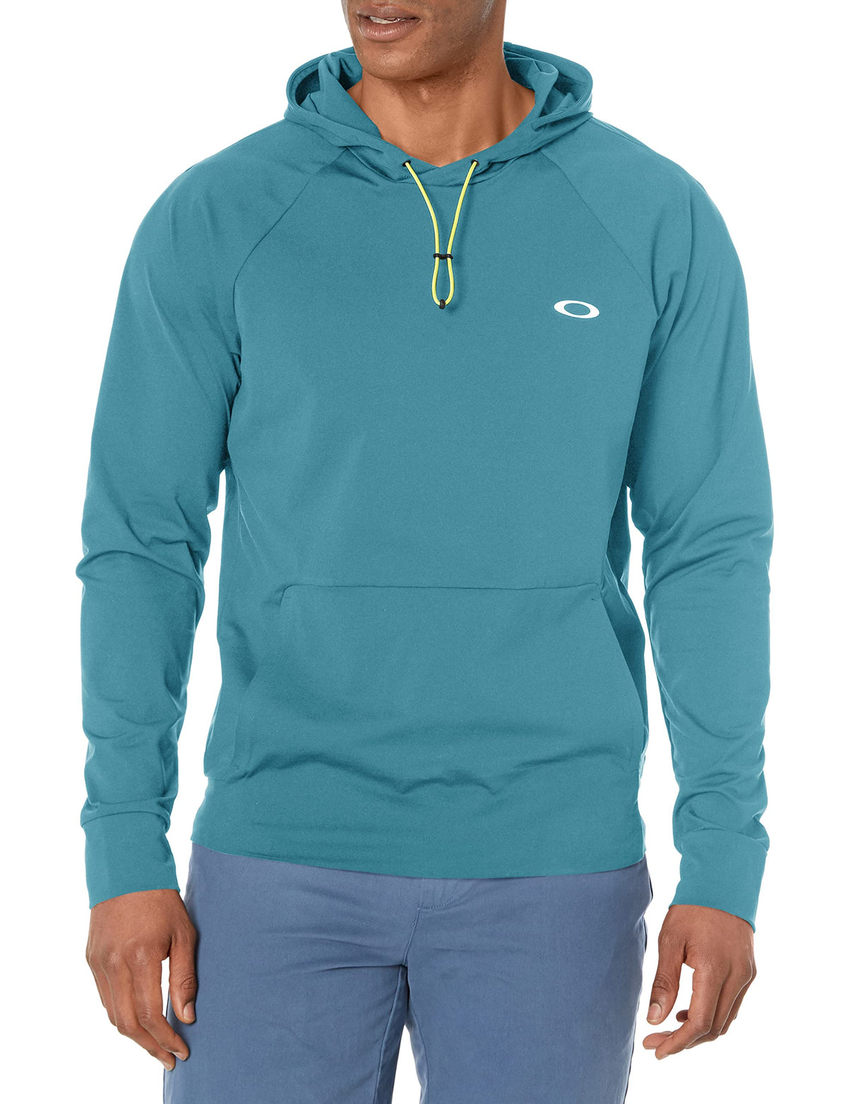 Men's teal hooded pullover with packable kangaroo pocket and yellow logo