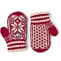Children's wool Nordic mittens, red and off-white knit geometric motif with thumb