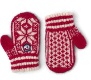 Children's wool Nordic mittens, red with off-white Fair Isle pattern and striped cuff