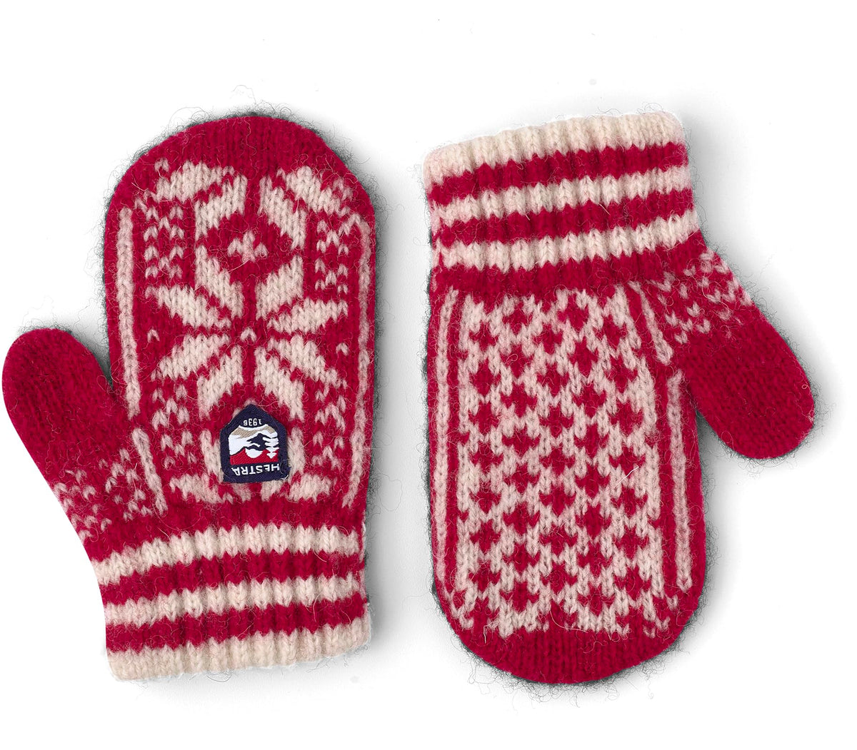 Children's wool Nordic mittens, red with off-white Fair Isle pattern and striped cuff