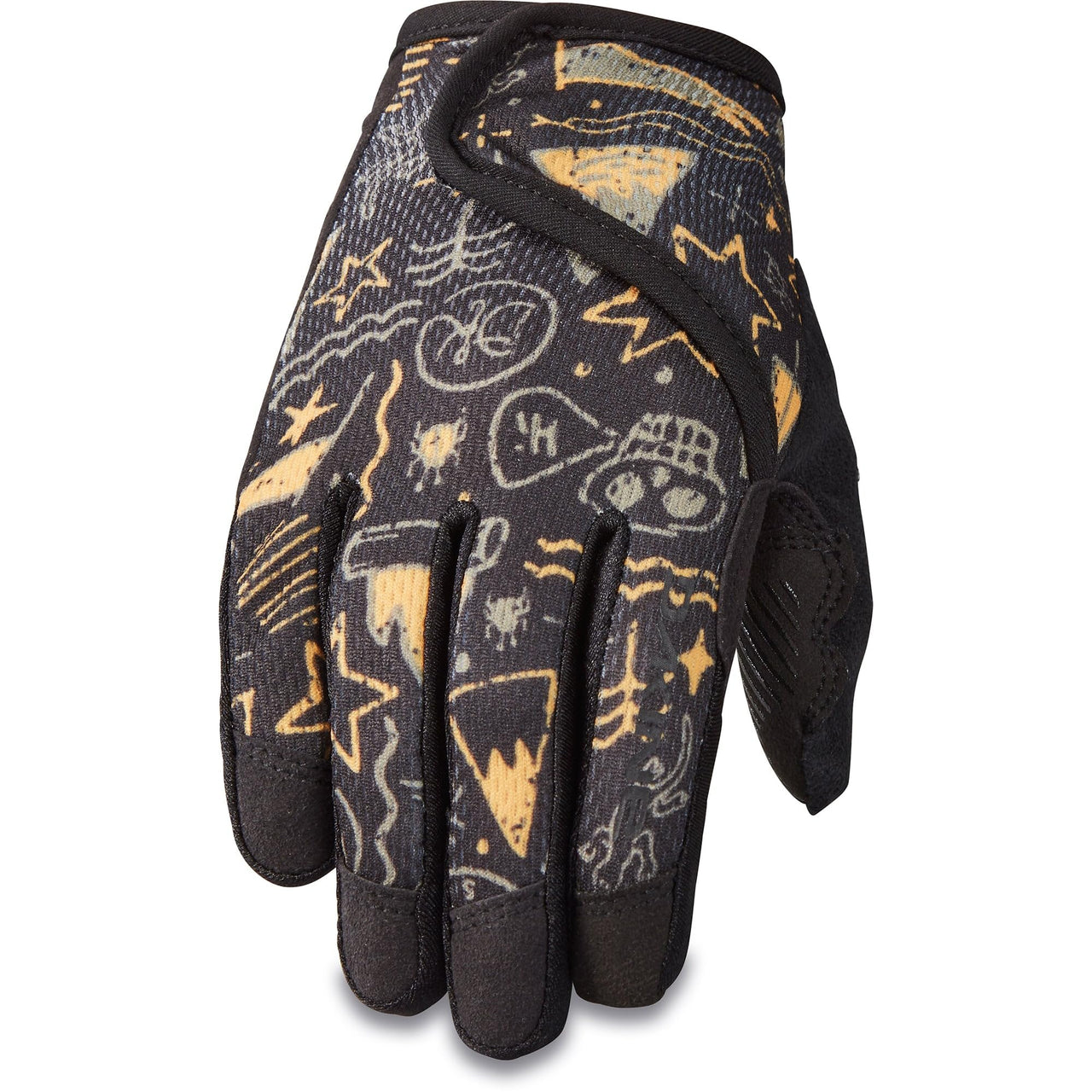 Dakine Prodigy cycling gloves, black with yellow graffiti print and padded palm