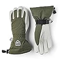 Hestra women’s heli-ski gloves in olive green and offwhite, cuff strap and pull tab