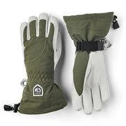 Hestra women’s heli-ski gloves in olive green with offwhite fingers, wrist pull strap