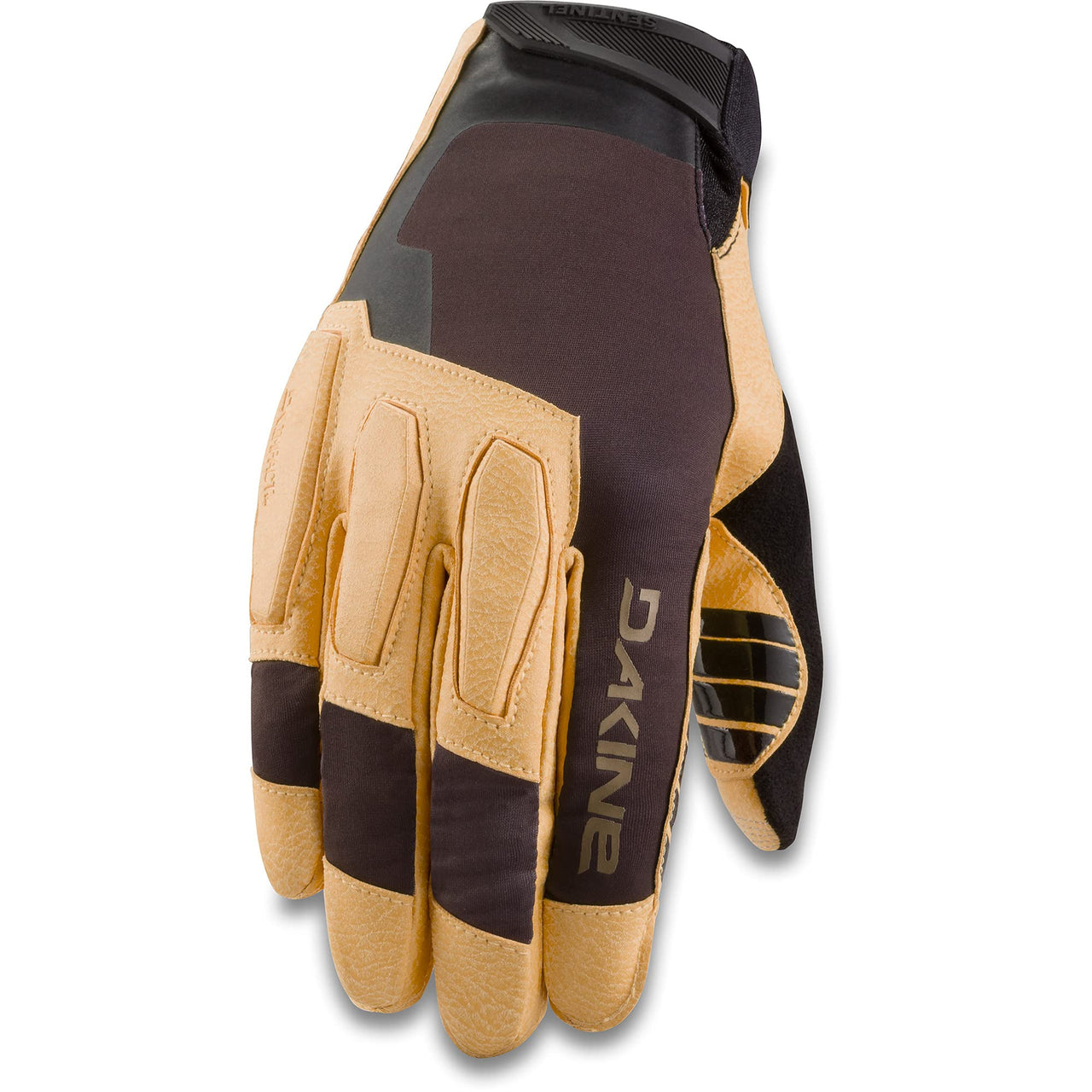 Dakine Sentinel cycling gloves in tan and dark brown, with padded palm and knuckle panels.