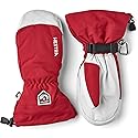 Hestra leather ski gloves in red with white fingers and adjustable wrist strap