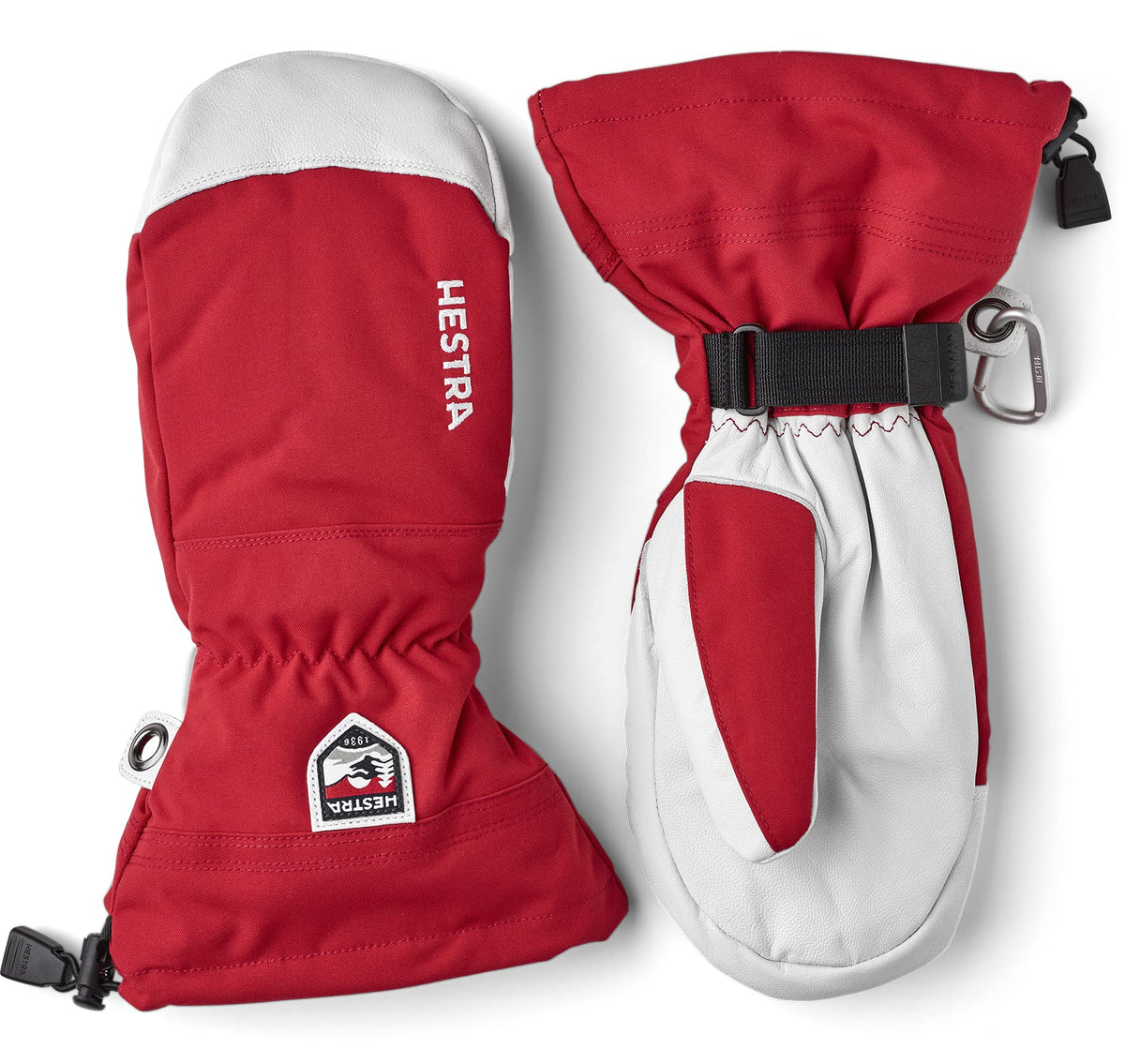 Hestra leather ski gloves, red outer and white inner with wrist strap