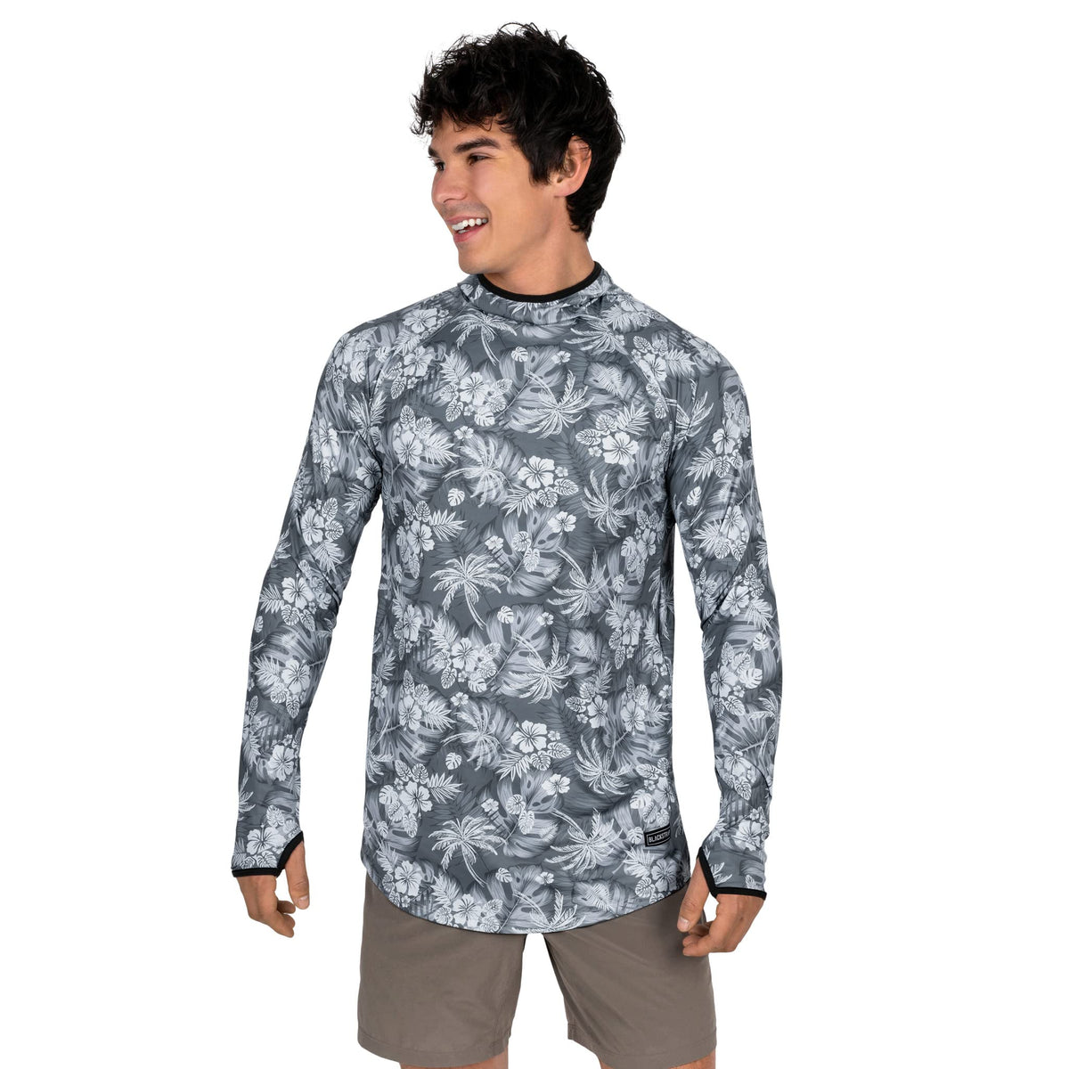 Mens hooded sun shirt with all-over gray floral and palm print, long sleeves