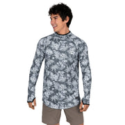 Mens hooded sun shirt with all-over gray floral and palm print, long sleeves