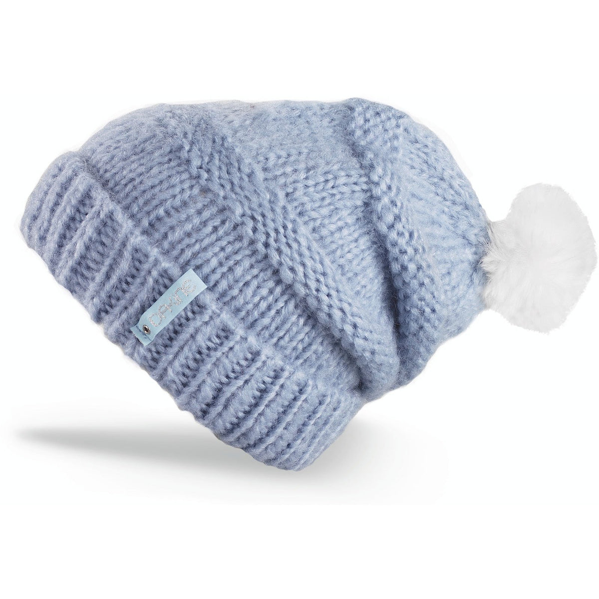 Women’s light blue knit beanie with folded cuff and white pom-pom, small logo patch