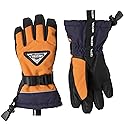 Orange and navy waterproof youth five-finger gloves, angled with cuff pull tab