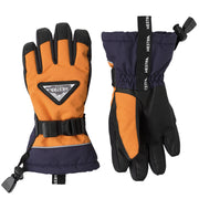 Orange and navy waterproof youth five-finger gloves with wrist strap and Hestra logo