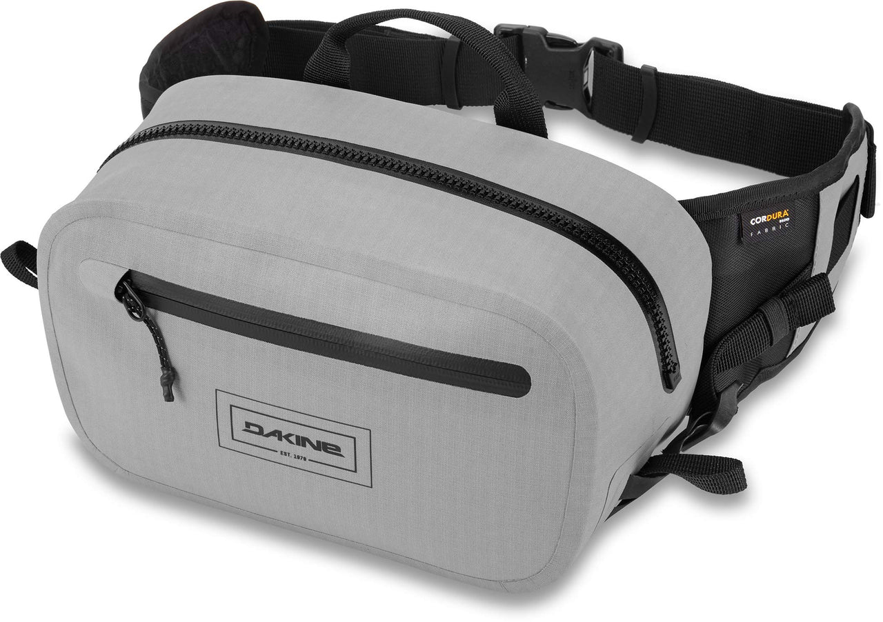 Dakine Cyclone hip pack in light gray with black strap and front zip pocket