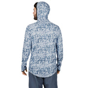 Mens hooded sun shirt in blue speckled camo print, side back view