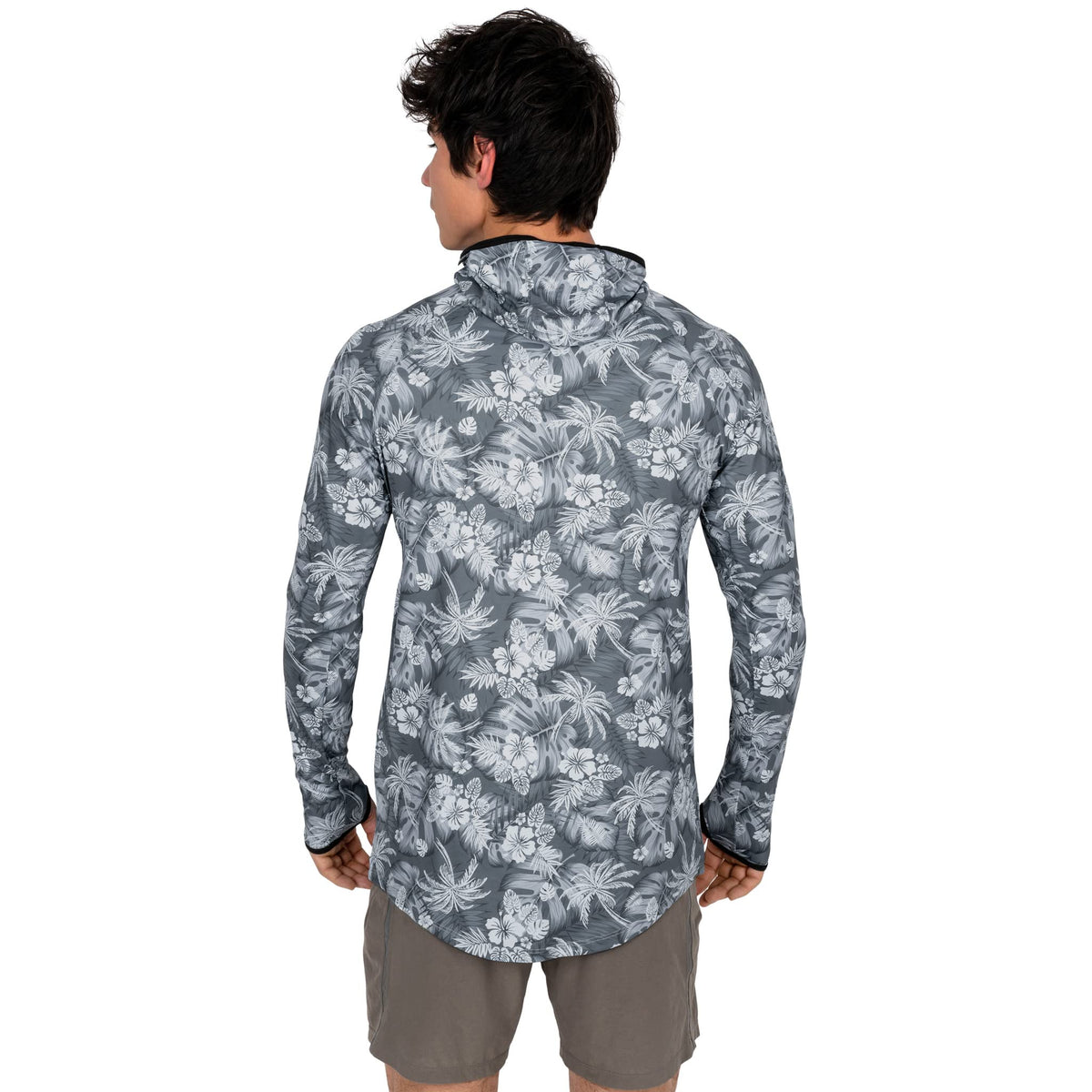 Mens long-sleeve hooded sun shirt with gray floral and palm print, back view