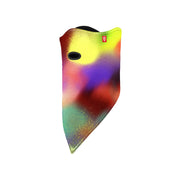 Sports face mask, neon rainbow gradient front with small logo patch and oval eye opening