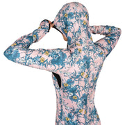 Hooded long-sleeve top with floral print, pink base and blue foliage with yellow blossoms