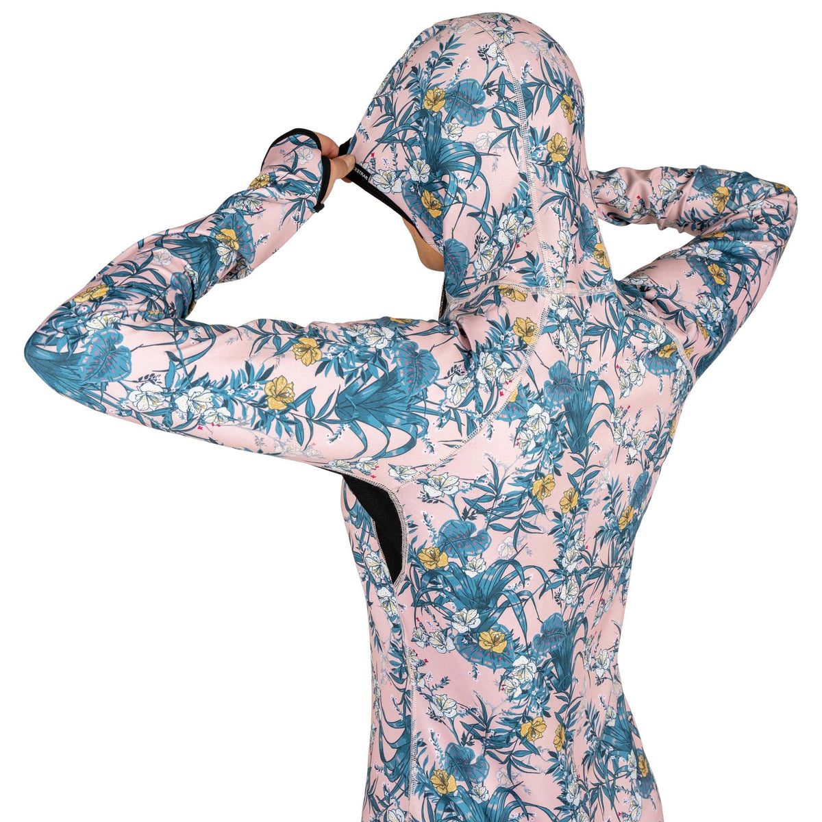Hooded long-sleeve top with floral print, pink base and blue foliage with yellow blossoms