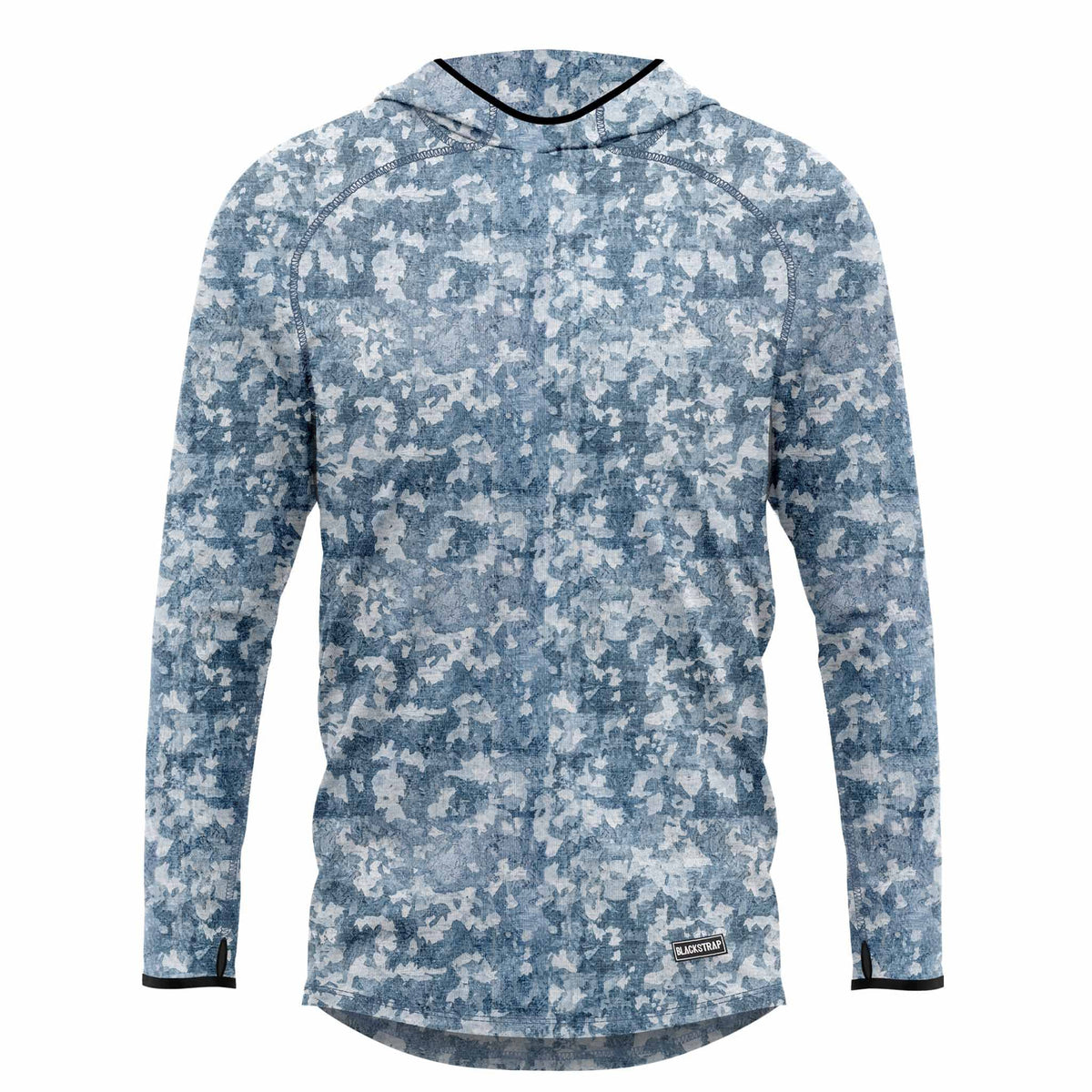 Mens hooded sun shirt in blue camo print with black edge trim at neck and sleeves