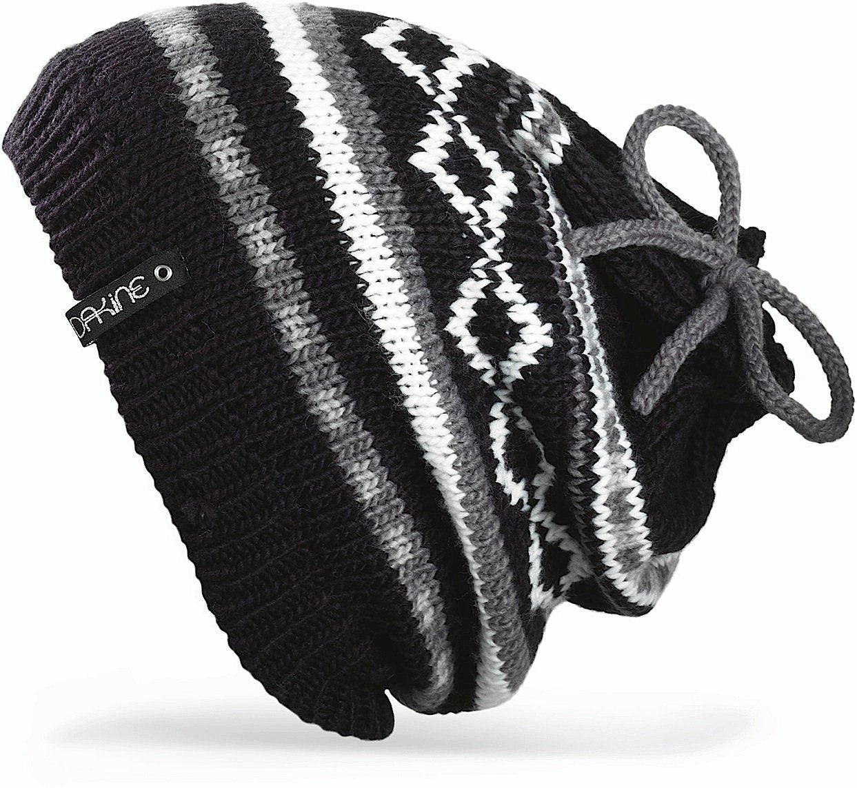 Dakine striped knit beanie, black with white chevron stripes and top tie