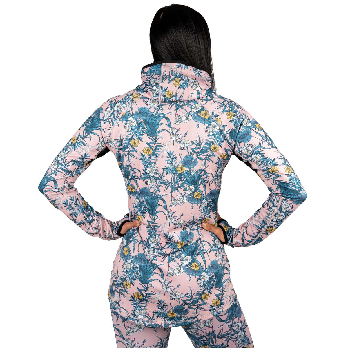 Back view of hooded long-sleeve top with all-over floral print in pink, blue, and yellow